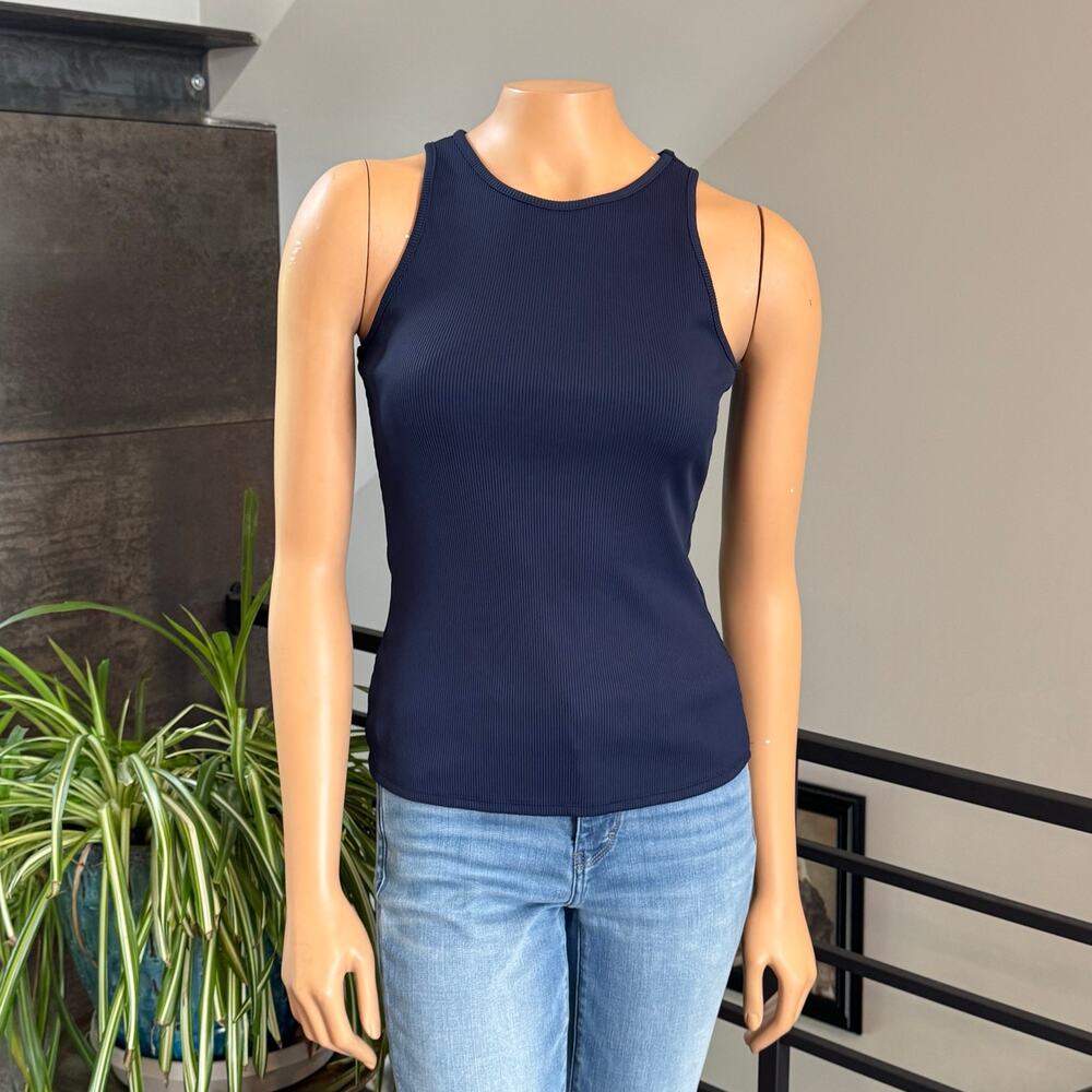 WHBM FORME Navy Blue Ribbed Stretch High Crew Neck Tank Top Size S 001-22W23762